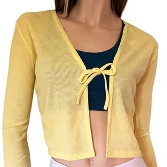 PrettyLittleThing Cardigan Sweater Yellow Lightweight Long Sleeve Front Tie NWOT - Picture 8 of 12